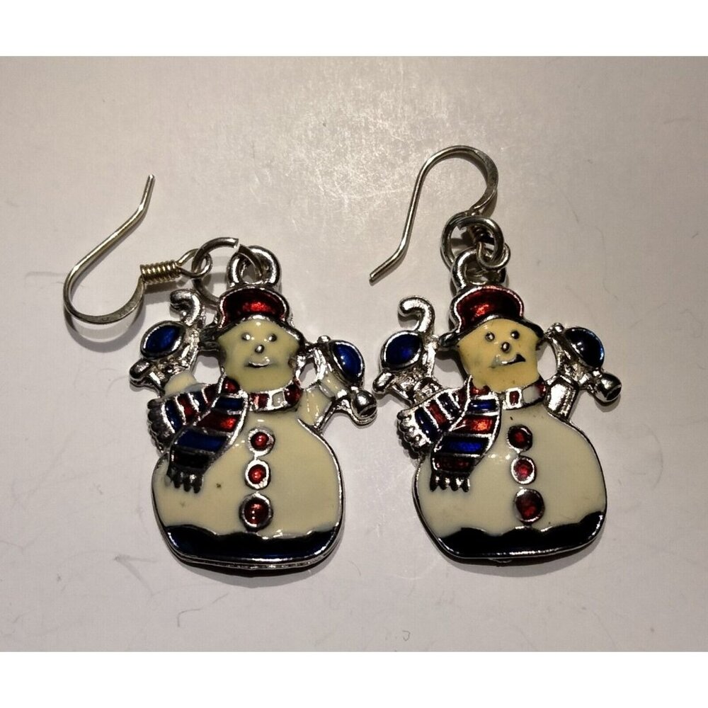 Snowman Earrings Dangle Drop Hook White Silver Vintage Enamel